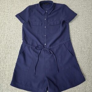 Banana Republic Blue Utility Romper Womens M Tie Waist Button Front